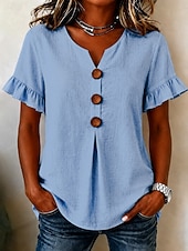  Women's Cotton Linen Blouse Ruffle Buttons Solid Color Daily Casual Sleeveless 3/4 Length Sleeve Flutter Sleeve V Neck Long Tops Casual Daily Beach Blue White Pink Orange Summer Spring