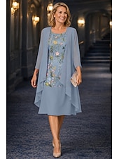 ieftine Seturi de rochii pentru mama-Două Piese Linia -A Lungimea ceaiului Rochie Mama Miresei Lungime Manșon 3/4 Manșon Jumate Scoateți gâtul Elegant Simplu Casual Oficial Invitat la nunta Petrecere Logodnă Șifon Dantelă Rochii jacheta