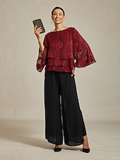  Women's Lace Shirt Blouse Dressy Tops Chiffon Tops Asymmetric Hem Solid Color Floral Elegant Stylish Casual Half Sleeve Flutter Sleeve Boat Neck Regular Tops Daily Work Wedding Guest Wine Summer
