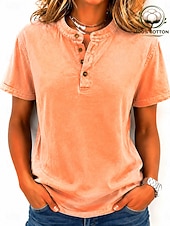cheap Plain tee-SoftFade™ Women's 100% Cotton Henley Shirt Vintage Fashion Stylish Short Sleeve Regular Tops Casual Beach Blue Khaki Black Purple Orange Spring