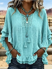  Damenbluse im Boho-Stil mit Rüschen, einfarbig, für Urlaub, halblange Ärmel, V-Ausschnitt, normale Passform, lässig, weiß, gelb, hellblau, khaki, smaragdgrün, Sommer/Herbst