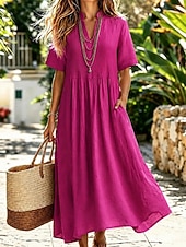  Women's Midi Dress Sundress A Line Dress Summer Dress Vacation Casual Boho Daily Holiday Summer Dress Plain Short Sleeve V Neck Blue Navy Yellow Fuchsia Summer Spring