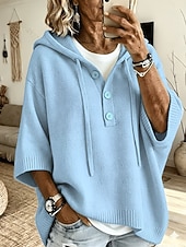  Felpa da donna con cappuccio e mezza abbottonatura, maniche a 3/4, maglione casual in maglia con coulisse