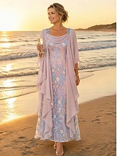  Linha A Até o Tornozelo Vestido de renda Vestido Para Mãe dos Noivos Manga Longa Scoop pescoço Elegante Vintage Formal Convidado do casamento Festa de Casamento Chiffon Renda com Fru-Fru Bordado