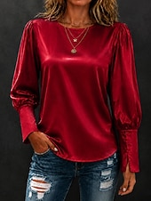  Women's Satin Top Satin Blouse Elegant Fashion Work Long Sleeve Crew Neck Regular Tops Casual Champagne Wine Brown Spring