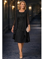 ieftine Seturi de rochii pentru mama-Două Piese Linia -A Lungimea ceaiului Rochie Mama Miresei Lungime Manșon 3/4 Manșon Jumate Scoateți gâtul Elegant Simplu Casual Oficial Invitat la nunta Petrecere Logodnă Șifon Dantelă Rochii jacheta