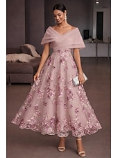 abordables Vestidos de cóctel-Corte A Hasta el Tobillo Vestidos de coctel Elegante Vintage Floral Manga Corta Hombros Caídos Fiesta de jardin Boda Organdí Tul Espalda desnuda con Estampado flor Flor bordada Plisado