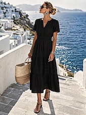  Per donna Abito Midi 100% cotone Abito a trapezio Abito con balze Elegante Quotidiano Vacanza Vestibilità comoda Colore Puro Manica Corta Scollo a V Bianco Nero Rosa Blu scuro Estate Primavera Autunno