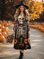  Halloween Γυναικεία Μίντι φόρεμα Φόρεμα σε γραμμή Α Διακοπές Καθημερινό Κανονικό Γραφική Νεκροκεφαλές Μακρυμάνικο Λαιμόκοψη V Ανθισμένο Ροζ Χακί Φθινόπωρο Χειμώνας