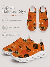  oransje Halloween slip-on strikkede sneakers til dame, lette tursko med gresskartrykk og pustende, polstret såle for kostymefester og turer på landet. &hverdagsbruk