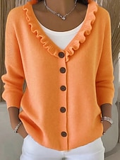 economico Cardigan Pieno-Cardigan da donna con scollo a V e volant, abbottonatura frontale - maglione casual in morbida maglia