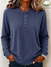  Women's Waffle Shirt Washed Cotton Pullover Solid Color Casual Long Sleeve Henry Collar Regular Tops Casual Black Dark Green Brick red Dark Blue Beige Fall Winter