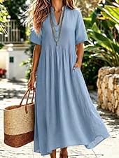  Women's Midi Dress Sundress A Line Dress Summer Dress Vacation Casual Boho Daily Holiday Summer Dress Plain Short Sleeve V Neck Blue Navy Yellow Fuchsia Summer Spring