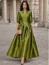 abordables Vestidos de cóctel-Corte A Hasta el Tobillo Vestidos de coctel Elegante Diario Media Manga Escote en Pico Boda Formal Tafetán Tejido elástico con Plisado