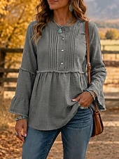  Mulheres camisa Boho Camisa casual Franzido Patchwork Peplum Elegante Manga Longa Decote V Tops longos Casual Azul Preto Vinho Roxo Marron Verão Primavera Outono