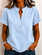  Per donna Camicia Cotone lavato Camicia Boho Pizzo Patchwork Jeans Tinta unica Semplice Vintage Western Casual Manica Corta Collo quadrato Top Regolari Casuale Quotidiano Ferie Blu Azzurro Estate
