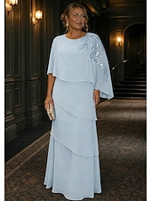 baratos Comprimento do chão-Linha A Vestidos Longo Vestido Para Mãe dos Noivos Meia Manga Scoop pescoço Elegante Vintage Luxuoso Formal Convidado do casamento Semi formal Chiffon Renda Xales com Miçangas Apliques Babados em