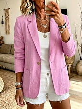  Dame Linblanding Blazer Lomme Knapper Helfarge عادي Årgang Langermet Aftæpning Lange topper Avslappet Daglig Kakifarget Rosa Sommer Vår Vår, Høst, Vinter, Sommer