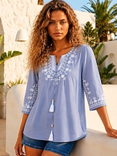 baratos Tops com bordado artesanal-Blusa Bordada Feminina Floral Estilosa Casual Manga 3/4 Gola Redonda Tops Regulares Dia a Dia Azul Verão Primavera