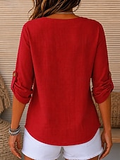 Mulheres Camisa de linho Blusa Côr Sólida Vintage à moda Clássico Manga Longa Henrique Collar Tops regulares Casual Diário Vermelho Verão Primavera