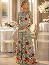 preiswerte Bodenlänge-A-Linie Kleid Bodenlang Brautmutterkleid Langarm Rundhalsausschnitt Elegant Vintage Einfach Formell Hochzeitsgast Semi-Formal Spitze Tüll mit 3D-Blumen Stickerei Applikationen