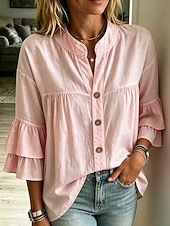  Mulheres Blusa Frufru Tecido à moda Casual Sem Manga Colarinho Chinês Tops regulares Casual Diário Branco Amarelo Rosa Verde Verão Primavera