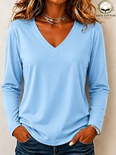  Dames 100% Katoen T-shirt Modern Casual Ademend Lange mouw V-hals Normale tops Casual Dagelijks Uitgaan Wit Zwart Int Blauw Licht Paars Rode roos Lente