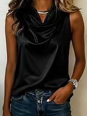  Per donna Top in raso camicetta di raso Top in raso con scollo all'americana Tinta unica Semplice Elegante Vacanza Vintage Senza Maniche Scollo a Cascata Top Regolari Casuale Ufficio Bianco Nero