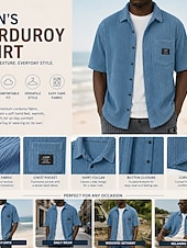  Herren Hemd Freizeithemd Cordhemd Knopfhemd Schwarz Weiß Leicht Blau Kurzarm Einfach Hemdkragen Lässig Täglich Fronttasche Bekleidung Elegant Mode Lässig