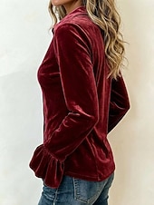  Mulheres Veludo camisa de botão Camisa casual Frufru Patchwork Botões Côr Sólida Vintage Manga Longa Colarinho de Camisa Casual Preto Rosa Vermelho Azul Marinha Verde Outono Inverno