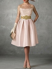 ieftine Rochii lungi și rochii de seară-Linia -A Lungime Genunchi Rochii de bal Elegant 1950 Manșon Jumate Bijuterie Invitat la nunta Kentucky Derby Buzunar Satin cu Buton Buzunar