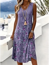  Women's Midi Dress Sundress A Line Dress Off The Shoulder Dress Vacation Beach Holiday Regular Fit Floral Graphic Sleeveless V Neck Blue Yellow Purple Summer Spring
