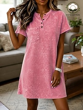 preiswerte Weißes Kleid-Damen Knielanges Kleid Gewaschenes Kleid 100% Baumwolle Basic Klassisch Täglich Urlaub Lässiger Schnitt Einfach Kurzarm Rundhalsausschnitt Blau Rosa Sommer Frühling