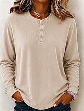  Women's Waffle Shirt Washed Cotton Pullover Solid Color Casual Long Sleeve Henry Collar Regular Tops Casual Black Dark Green Brick red Dark Blue Beige Fall Winter