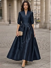 abordables Vestidos de cóctel-Corte A Hasta el Tobillo Vestidos de coctel Elegante Diario Media Manga Escote en Pico Boda Formal Tafetán Tejido elástico con Plisado