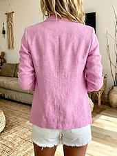  Dame Linblanding Blazer Lomme Knapper Helfarge عادي Årgang Langermet Aftæpning Lange topper Avslappet Daglig Kakifarget Rosa Sommer Vår Vår, Høst, Vinter, Sommer