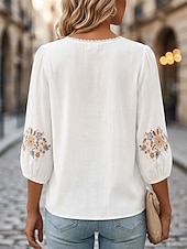  Blusa Bordada Feminina Floral Estilosa Casual Manga 3/4 Gola Redonda Tops Regulares Dia a Dia Branca Rosa Cinza Verão Primavera