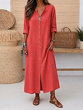  Damen Maxikleid Leinenkleider Vintage Täglich Lässiger Schnitt Einfarbig Langarm V Ausschnitt Weiß Schwarz Gelb Rote Sommer