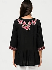 cheap Artisan Embroidery tops-Women's Embroidered Tunic Shirts 100% Cotton Boho Shirt Floral Elegant Bohemia Vacation 3/4 Length Sleeve Crew Neck Long Tops Casual Black Summer Spring Fall Winter