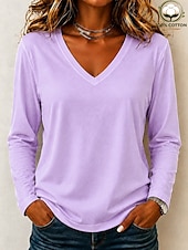 Dames 100% Katoen T-shirt Modern Casual Ademend Lange mouw V-hals Normale tops Casual Dagelijks Uitgaan Wit Zwart Int Blauw Licht Paars Rode roos Lente