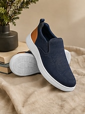 economico Scarpe Casual Slip-On-sneakers slip-on da uomo in maglia blu navy – tessuto elasticizzato traspirante con tallone a contrasto, comfort ultraleggero per camminare, viaggiare e indossare ogni giorno