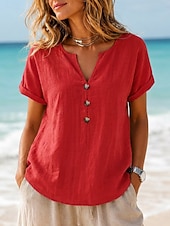  Per donna Camicia Estiva Bottoni Vacanza Manica Corta Manica a pipistrello Collo a V Casuale Bianco Rosso Arancione Blu scuro Estate Primavera