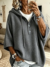  Felpa da donna con cappuccio e mezza abbottonatura, maniche a 3/4, maglione casual in maglia con coulisse