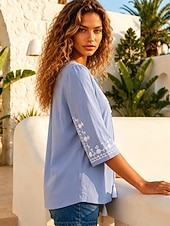 baratos Tops com bordado artesanal-Blusa Bordada Feminina Floral Estilosa Casual Manga 3/4 Gola Redonda Tops Regulares Dia a Dia Azul Verão Primavera