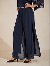  Women's Culottes Wide Leg Straight-Leg Trousers Elegant Stylish Classic Style Full Length Medium Waist Solid Color Elastic Waist Stretchy Office Vacation Party Navy Blue Spring, Fall, Winter, Summer