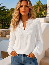  Per donna Blusa Tessuto Semplice Elegante Casual Manica Lunga Scollo a V Top Regolari Casuale Quotidiano Blu Bianco Rosso Estate Primavera