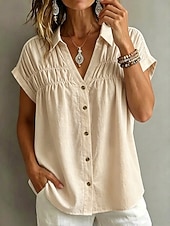  Damen Bluse Gerafft Einfach Stilvoll Lässig Kurzarm V Ausschnitt Normale Oberteile Lässig Täglich Weiß Khaki Schwarz Rosa Sommer Frühling