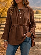  Mulheres camisa Boho Camisa casual Franzido Patchwork Peplum Elegante Manga Longa Decote V Tops longos Casual Azul Preto Vinho Roxo Marron Verão Primavera Outono