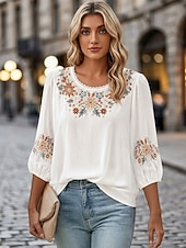  Blusa Bordada Feminina Floral Estilosa Casual Manga 3/4 Gola Redonda Tops Regulares Dia a Dia Branca Rosa Cinza Verão Primavera