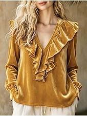  Vintage fluwelen damesblouse - elegante top met ruches, V-hals en lange mouwen.